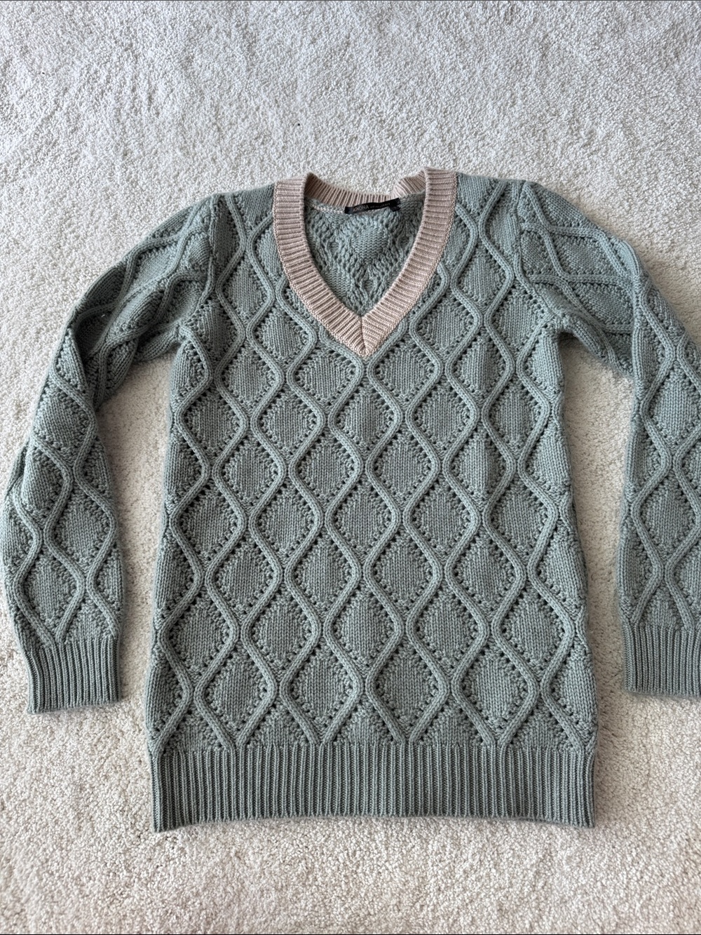 Agnona V-Neck Cable Knit Cashmere Sweater in Sage with Contrast Trim
